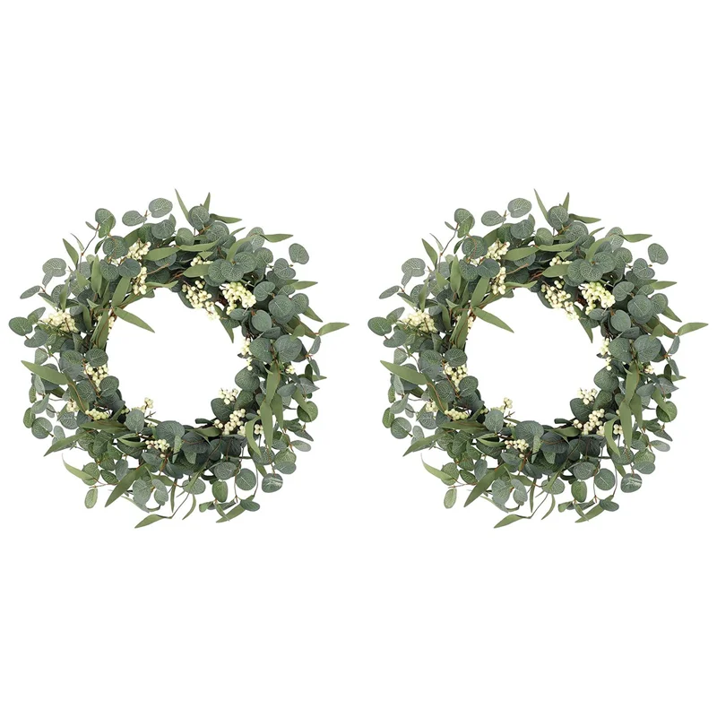 2x-artificial-eucalyptus-wreath-large-green-leaves-rustic-farmhouse-decorative-wreath-for-festival-celebration
