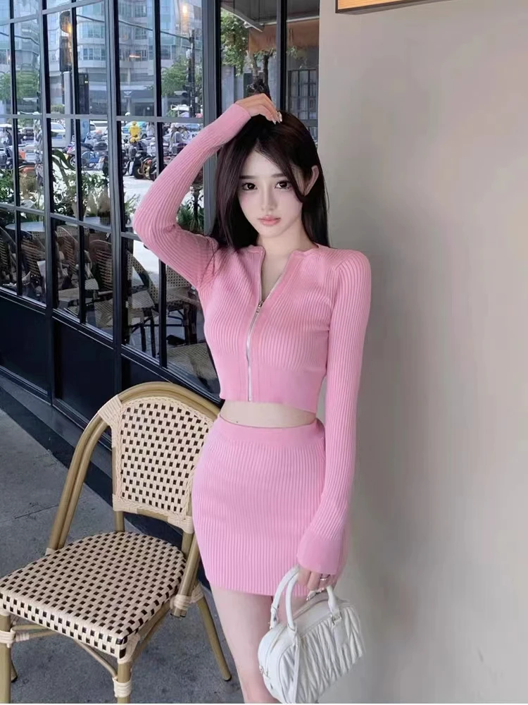 2023 Pink Knitted Suit Woman Elegant 2 Piece Sets Korea Fashion Clothing Casual Crop Tops Cardigan + Slim Bodycon Y2k Mini Skirt