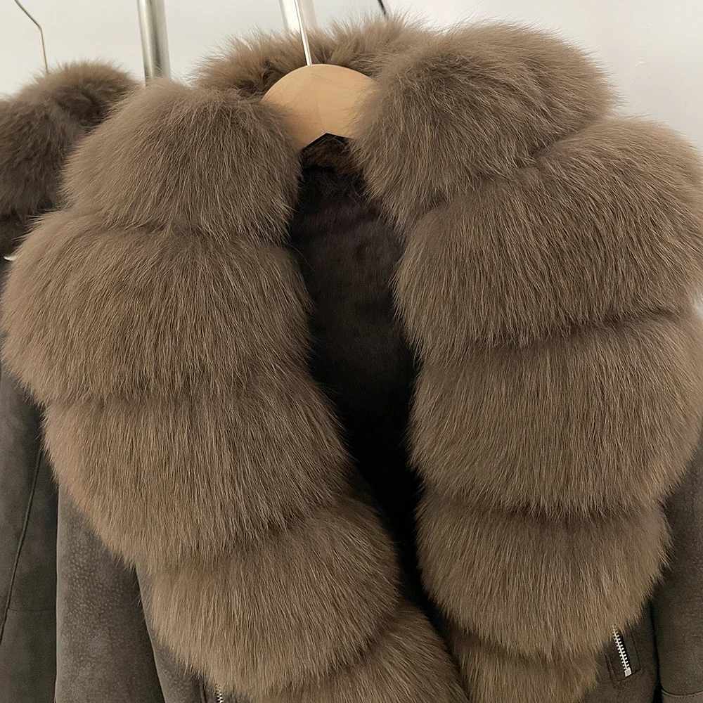 OFTBUY Luxus-Gürtel Natürlicher Kaninchenfellmantel Damen Kurze Wildlederjacke mit Echtfuchs-Fellkragen Neue Herbst-Warmbekleidung für Frauen – Detail 4