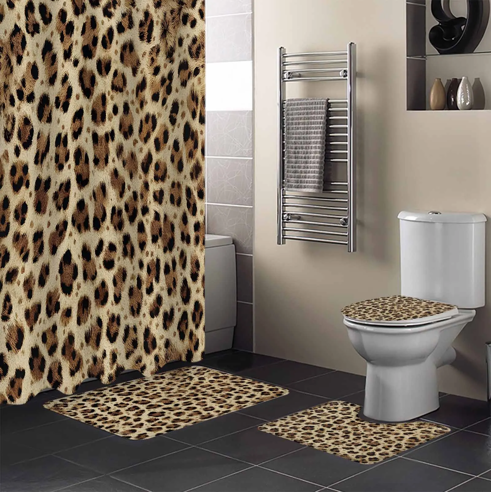 

Современный стиль, набор занавесок для душа с леопардовым принтом, нескользящие коврики, коврик для ванной, крышка для унитаза, водонепроницаемая полиэстеровая занавеска для ванной комнаты