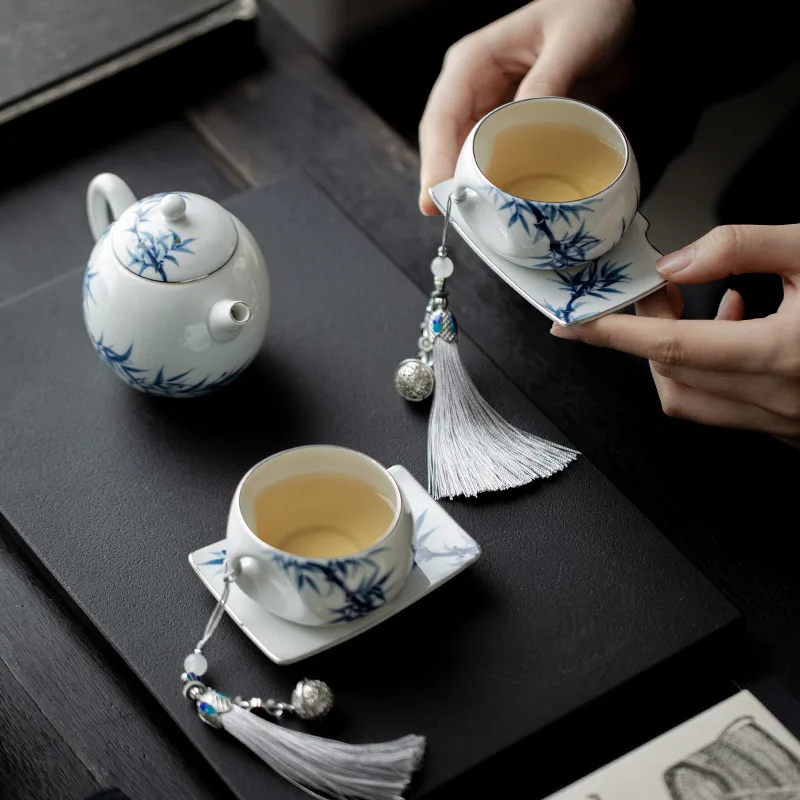 Multicolor Tea Talk Hand-painted Blue and White Bamboo Teapot Household Ceramic Retro Handmade Teapot Non-hot Kung Fu Tea Set