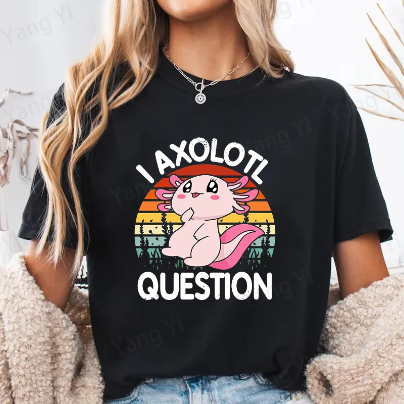I Axolotl Question Printed T-Shirts Women Men Short Sleeve Round Neck Tee Cartoon Hexagonal Dinosaur Shirt Casual Summer Tops