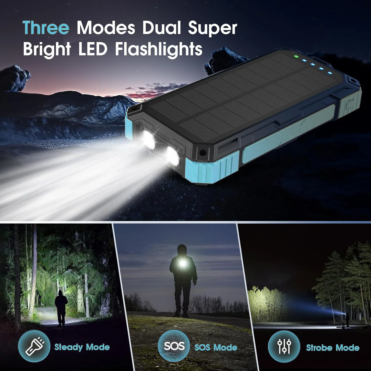 بنك طاقة يعمل بالطاقة الشمسية بقدرة 30000 مللي أمبير في الساعة مع كابلات مدمجة PD 22.5 وات شحن سريع 15 وات شحن لاسلكي IP65 مقاوم للماء والغبار والصدمات