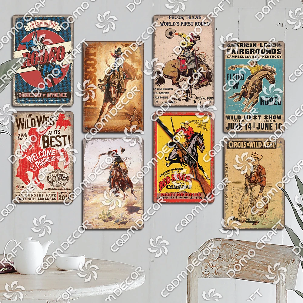 West Cowboy Plates Tin Signs, Vintage Rodeo Metal Poster, Retro Wild West Plaque, Jockey Club, Home Wall Decor