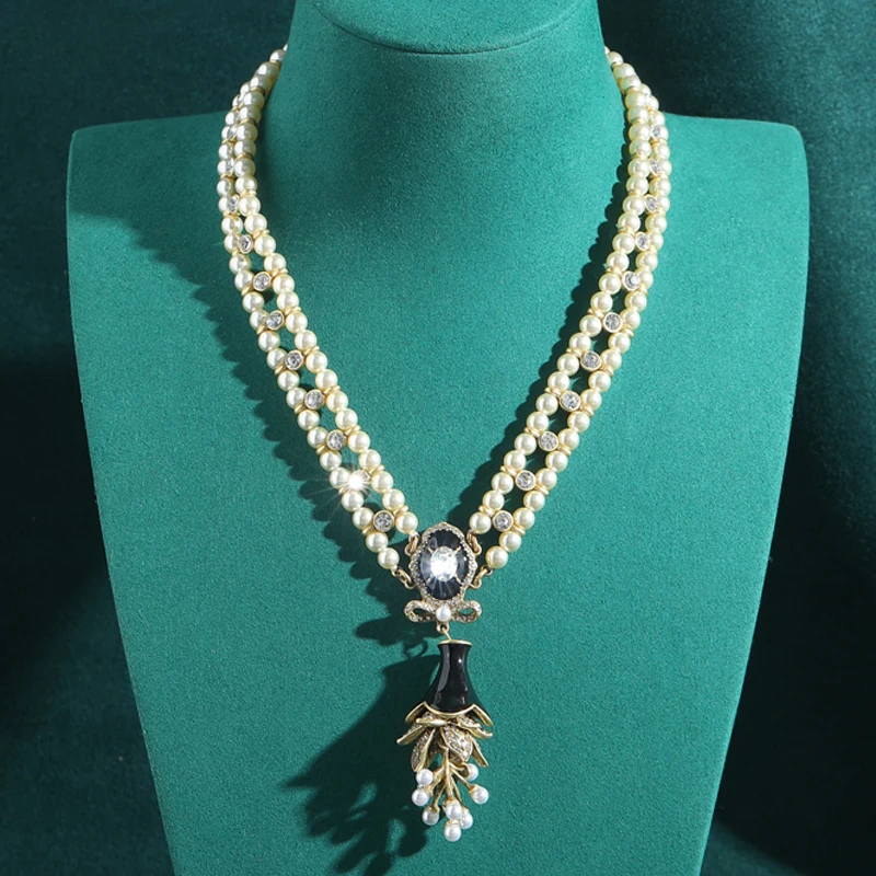 

Vintage Wide Pearl Necklace Flower Black Rhinestone Petal Pendant Wedding Bridal Jewelry Accessories For Women 2025 Trends New