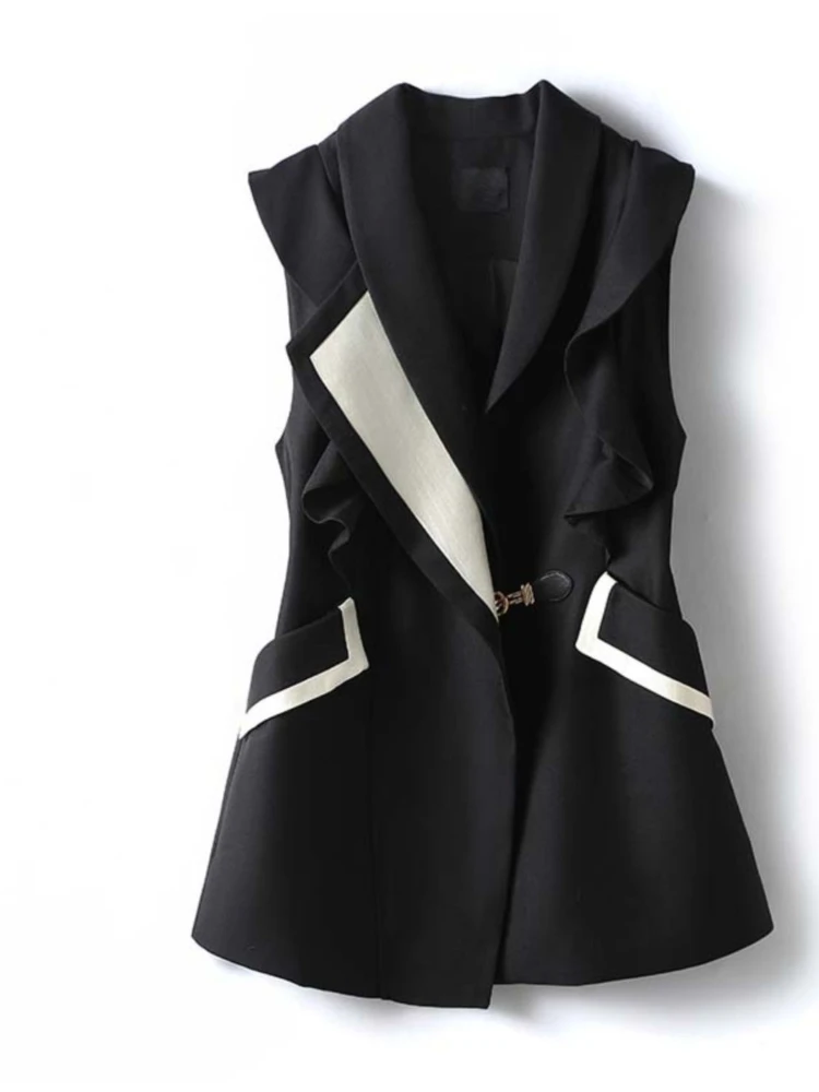 

French Design Waistcoat Sleeveless Ruffles Contrast Color Pockets Female Slim Coats Vests Fashion Elegant 2025 Women's Clothing