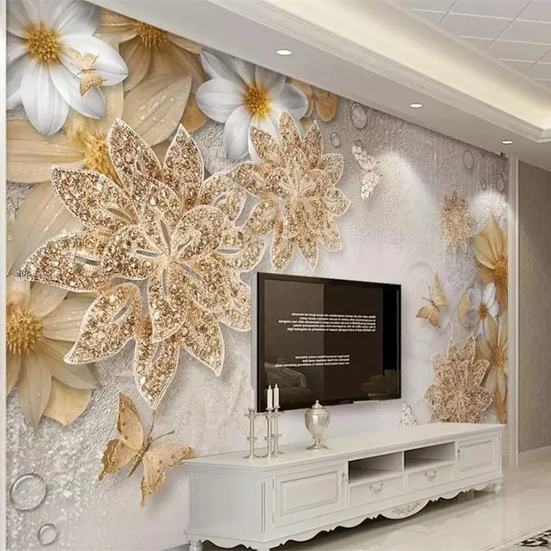 

custom Wallpaper 3d Photo murals Plum pearl flower stereo luxury gold jewelry sofa TV background wall modern bedroom wallpaper