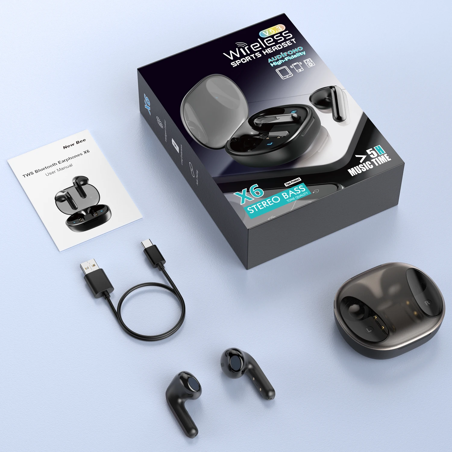 سماعات Bee X6 بلوتوث ، V5.3 TWS ، سماعة رأس لاسلكية ، لعبة ، سماعات رأس موسيقية مع مقصورة بطارية ، سماعات أذن صغيرة ، سماعات أذن ، جديدة