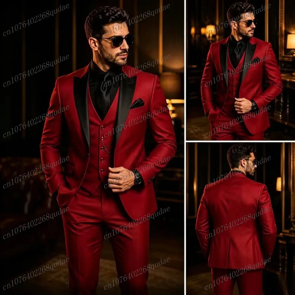 Black Collar Red Formal Men Suit Wedding Party Groom Groomsman Male Tuxedos Bridegroom Costume 3 Piece Set Blazer Vest Pants