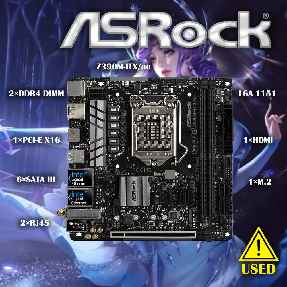 Used Asrock Z390M-ITX/ac Motherboard LGA1151 2x DDR4 64G SATA3 6Gb/s Wireless LAN WiFi ITX Z390M M.2 NVMe