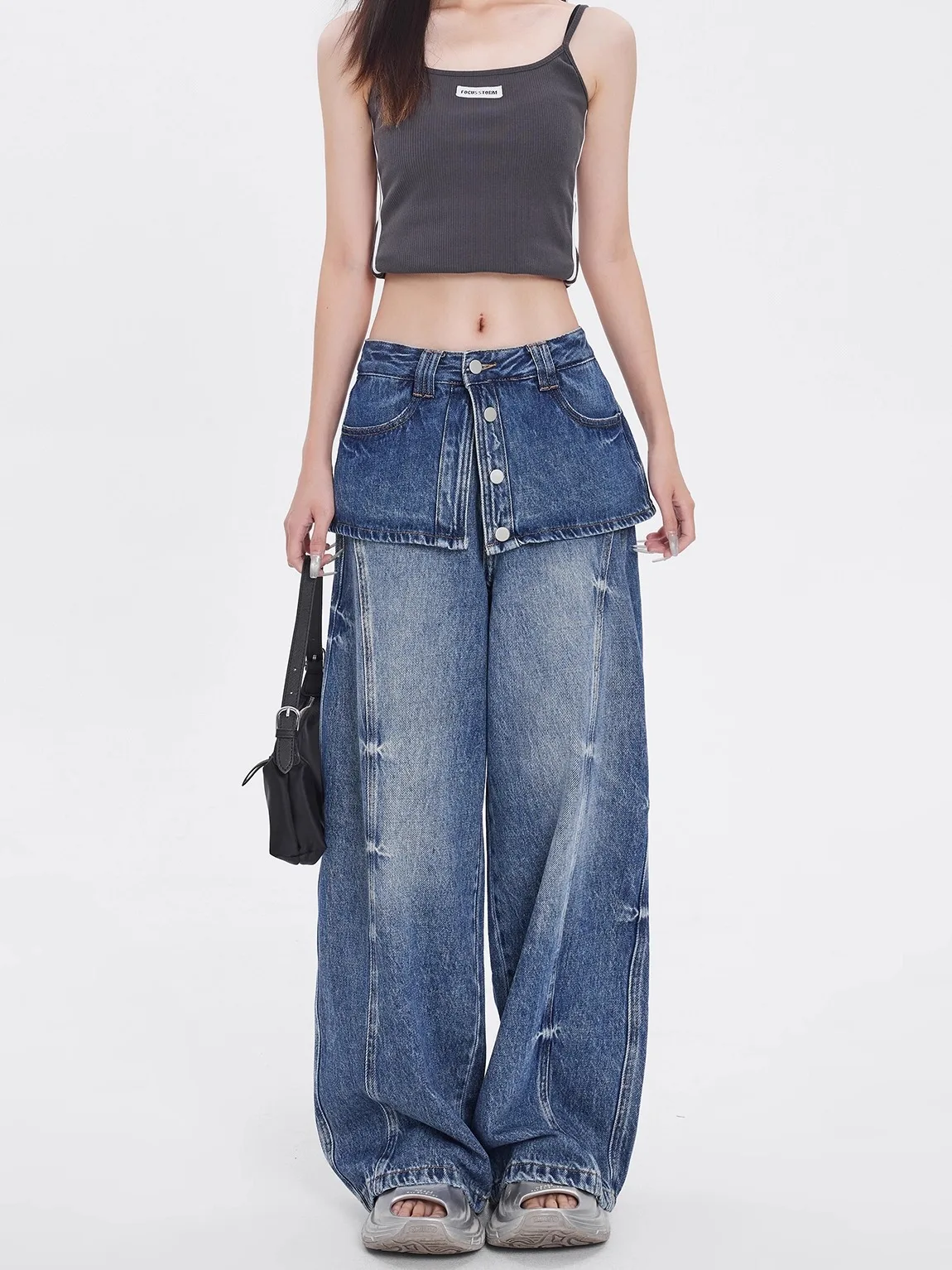 

Осенние ложные джинсы из двух предметов для женщин, уличные джинсовые брюки в стиле ретро, американские повседневные модные широкие брюки