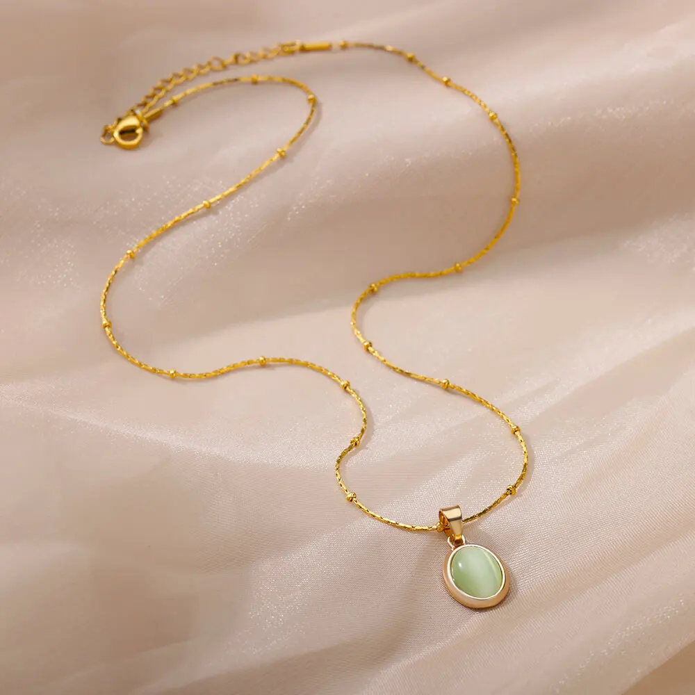 Colorful Stone Opal Oval Necklace For Women Gold Color Stainless Steel Chain Stone Pendant Necklace Classic Aesthetic Jewelry image 6
