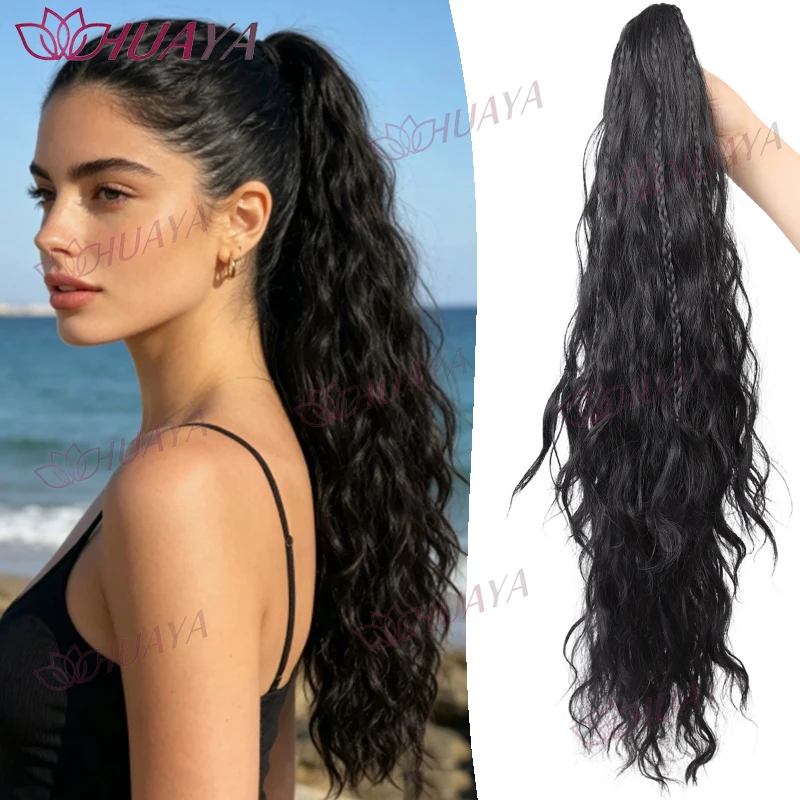 

Claw Clip Ponytail Extension with Braids, Long Water Wave Synthetic Ponytail Hairpiece, Heat Resistant Curly Hair for Women