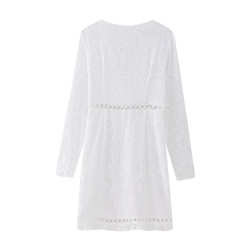 KEYANKETIAN Autumn New Women's Hollow Lace Embroidered Dress White Holiday wind V-NeckLong Sleeve Slim Elegant Mini Skirts