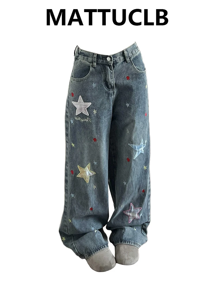 

Women's American Retro Baggy Jean Star Embroidery Denim Pants Y2K High Street Cowboy Japanese Harajuku Long Trousers New Tide