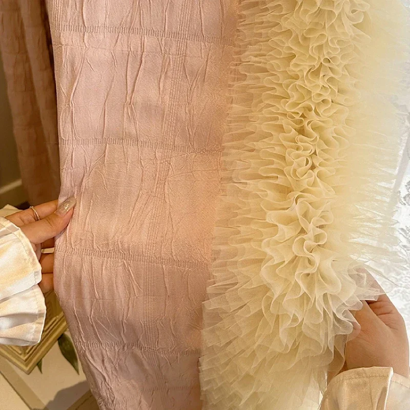 Custom  Size！！French Pink Girl Crimped Cotton Splicing Cream LaceCurtains for Living Dining Room Bedroom Decor Window Balcony