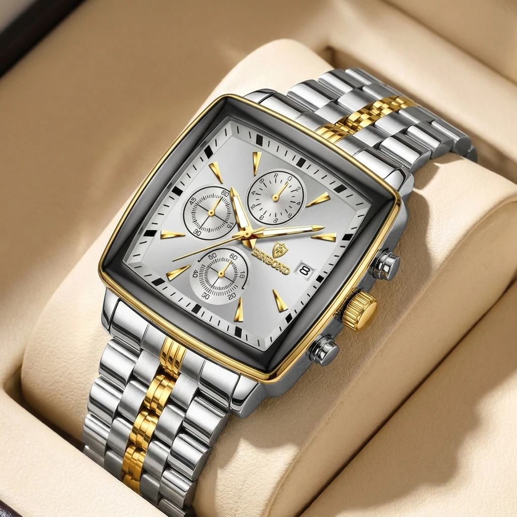 4pcs Men's Gold Silver Metal Strap Modern Elegant Chronograph Gold Accents Sunglasses Perfume Quartz Watch Gift Box Set Birthday