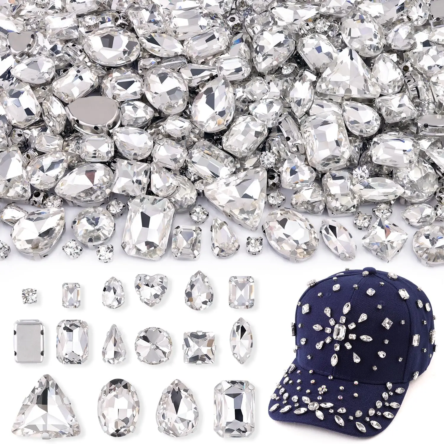 150 pieces of white sewn rhinestones, mixed shaped claw flat bottomed glass rhinestones, used for making clothing, shoes, hats,