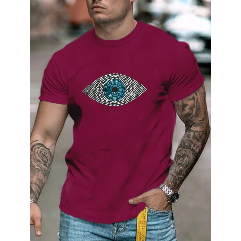 High Quality Fashion Men's Clothing Oversized Tee y2k Eye Rhinestone Designer Short Sleeve Tops Hip Hop Casual Street T-Shirt