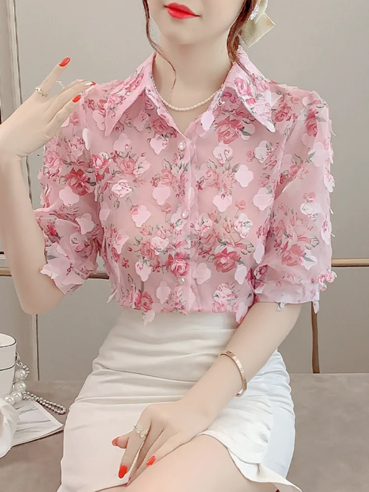 Spring Fashion Floral Turn-down Collar Long Sleeve Blouse Women Clothes Temperament Printing Perspective Shirts Femme Sweet Tops