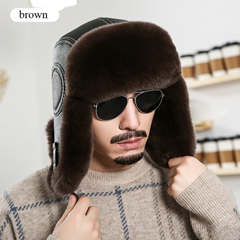 

2024 Winter Men's 100% Real Rex Rabbit Fur Bomber Hat Ushanka Cap Trapper Russian Man Ski Hats Caps Real Sheepskin Leather