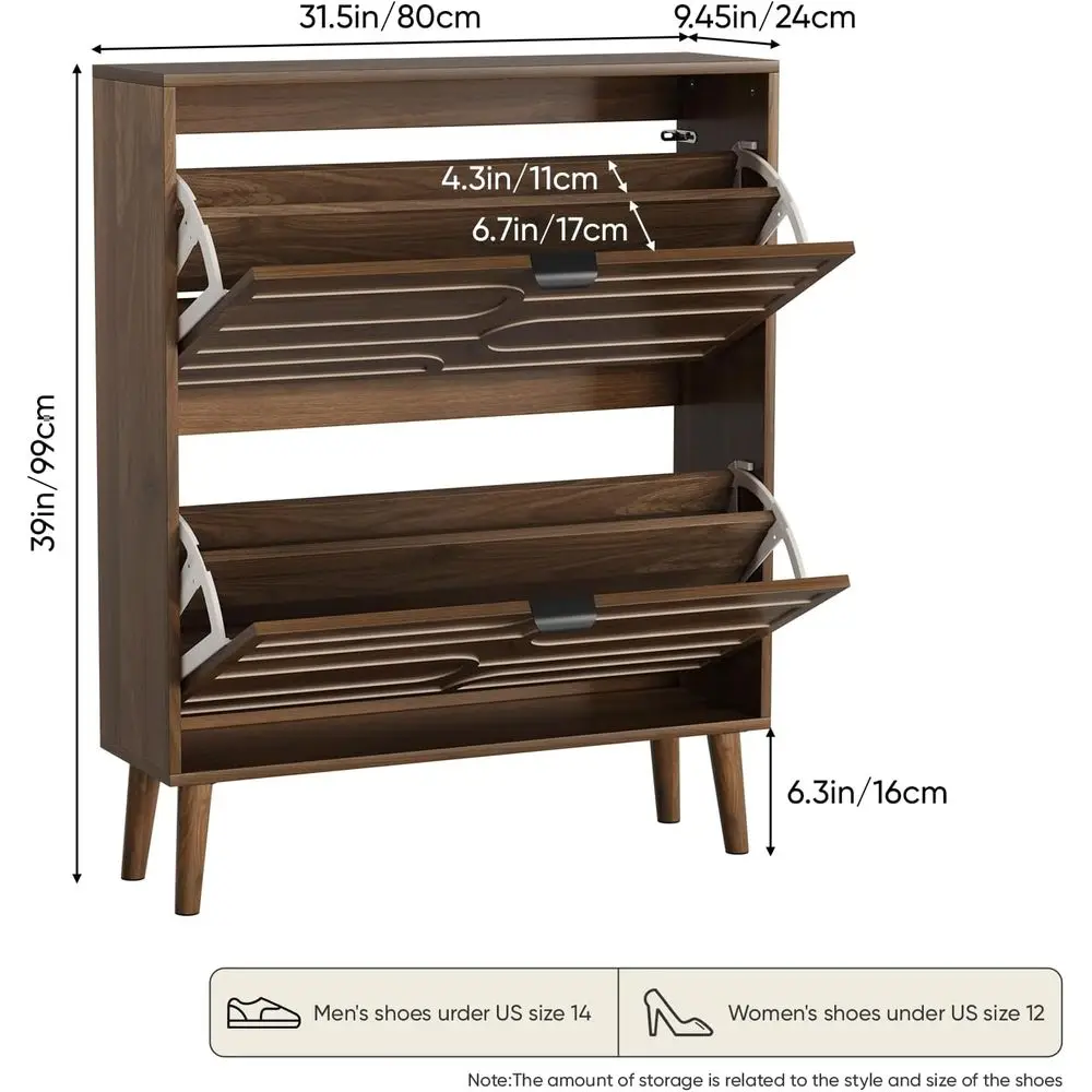 Zapatero independiente de nogal con 2 cajones y panel estriado para almacenamiento en entrada