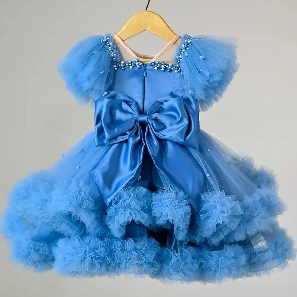 Customized Fuchsia Flower Girl Dresses For Wedding Pearls With Bow Knee Length Kids Birthday Party First Communion Ball Gown