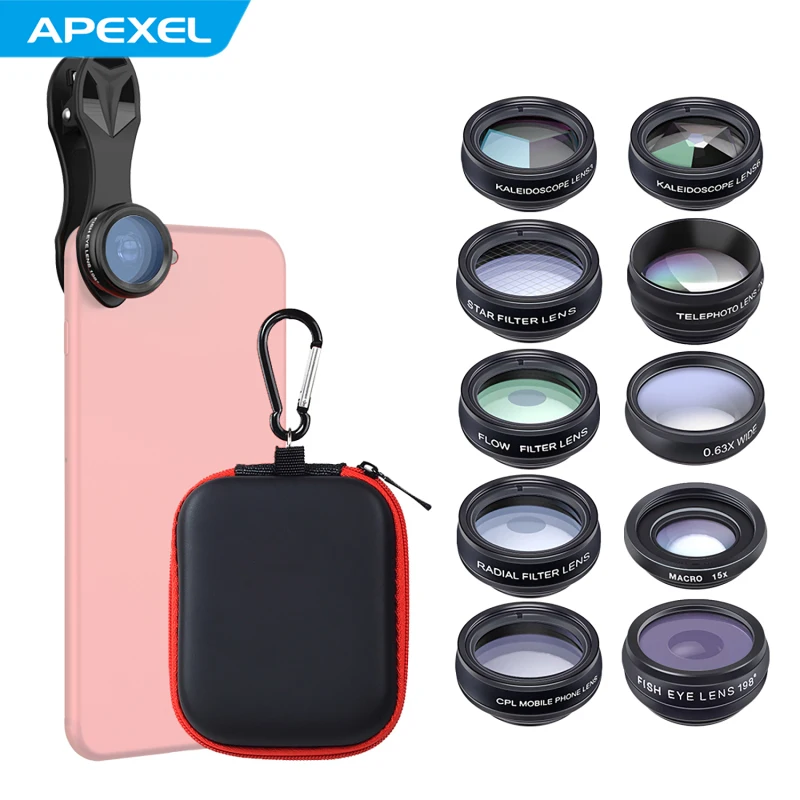 APEXEL 10-in-1 Cell Phone Camera Lens Kit Cell Phone  Clip-on with 0.63X Wide Angle Lens Macro  198° Fisheye