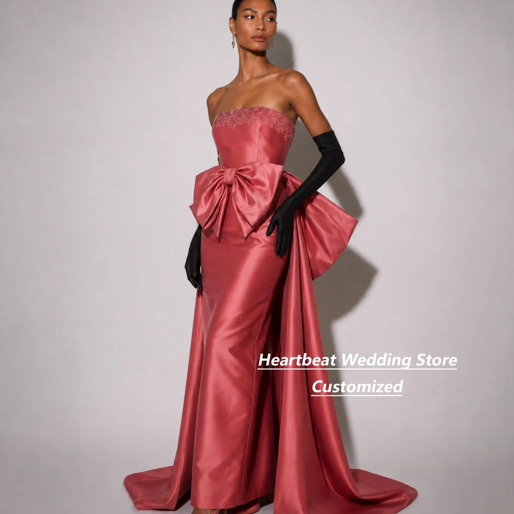 Customized Dusty Pink Strapless Beaded Satin Mother Of The Bride Gown Mermaid Dress Big Bow Long Train Formal Evening Gown