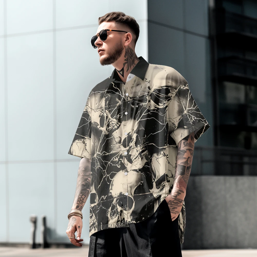 

Летняя Повседневная рубашка большого размера с коротким рукавом и принтом черепа, свободного кроя, удобный пляжный тренд в гавайском стиле, однобортная