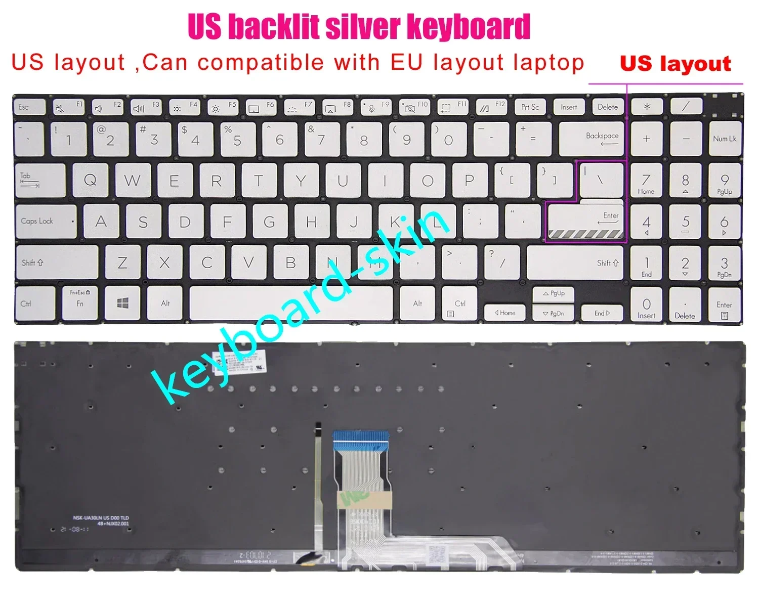 New US silver backlit Keyboard for ASUS Vivobook M3500 M3500QC M7600 M7600QE M7600R M6500 M6500R K6500 K3500 K6500Z X3500 laptop