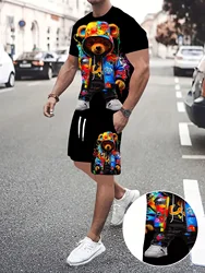 Tuta sportiva da uomo alla moda estate Harajuku Casual manica corta O collo TShirt e pantaloncini sportivi 3D Happy Bear Print Set da 2 pezzi