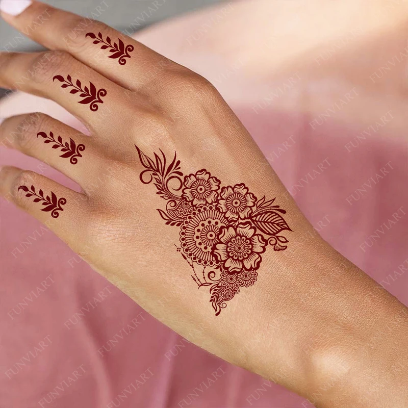 ملصق وشم حناء بني مقاوم للماء للنساء على شكل زهرة موقع قران للفتيات والأطفال وشم مزيف للاستعمال مرة واحدة لأصابع اليد