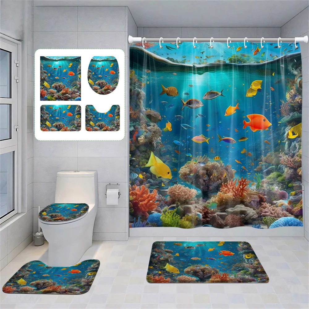

Tropical Fish Coral 3D Waterproof Shower Curtain Blue and White Coral Floor Mat Toilet Mat Bathroom suit