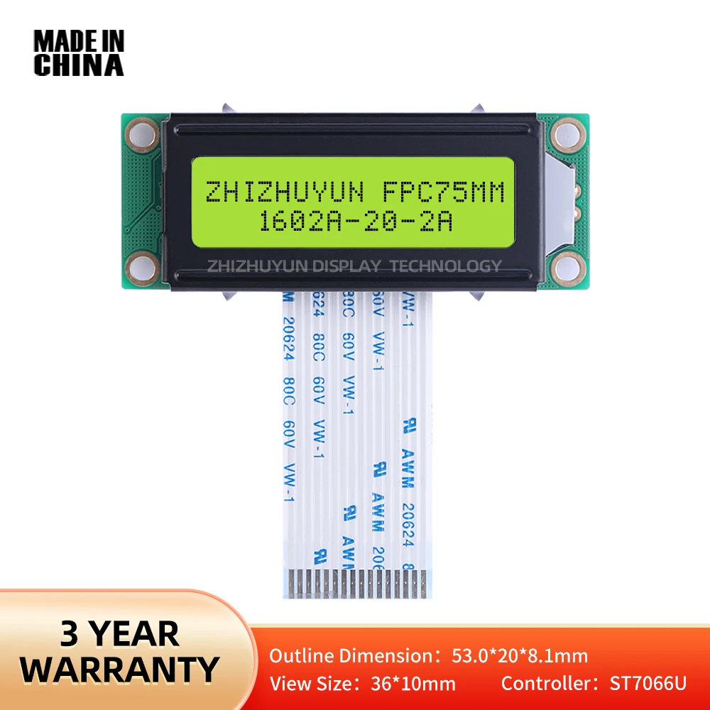 Spot Goods 1602A-20-2A LCD Screen FPC75MM Yellow Green Membrane 5V Display Module LCM LCD Module Characters