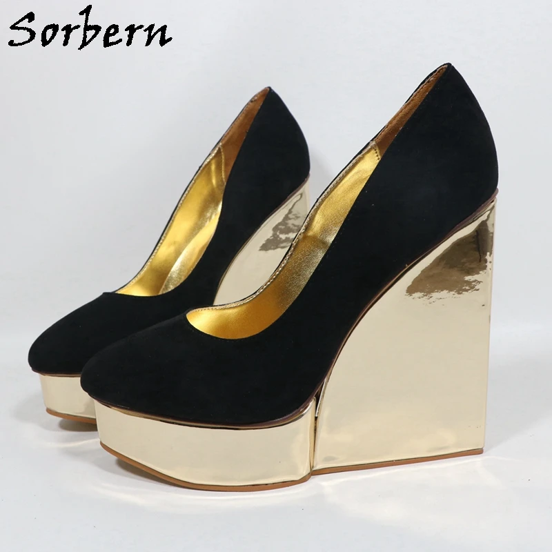 Sorbern Unique Two Piece Wedge Heels Women Pump Slip On Platform Shoes Slip On Round Toe Metallic Gold Heeled Plus Size 47