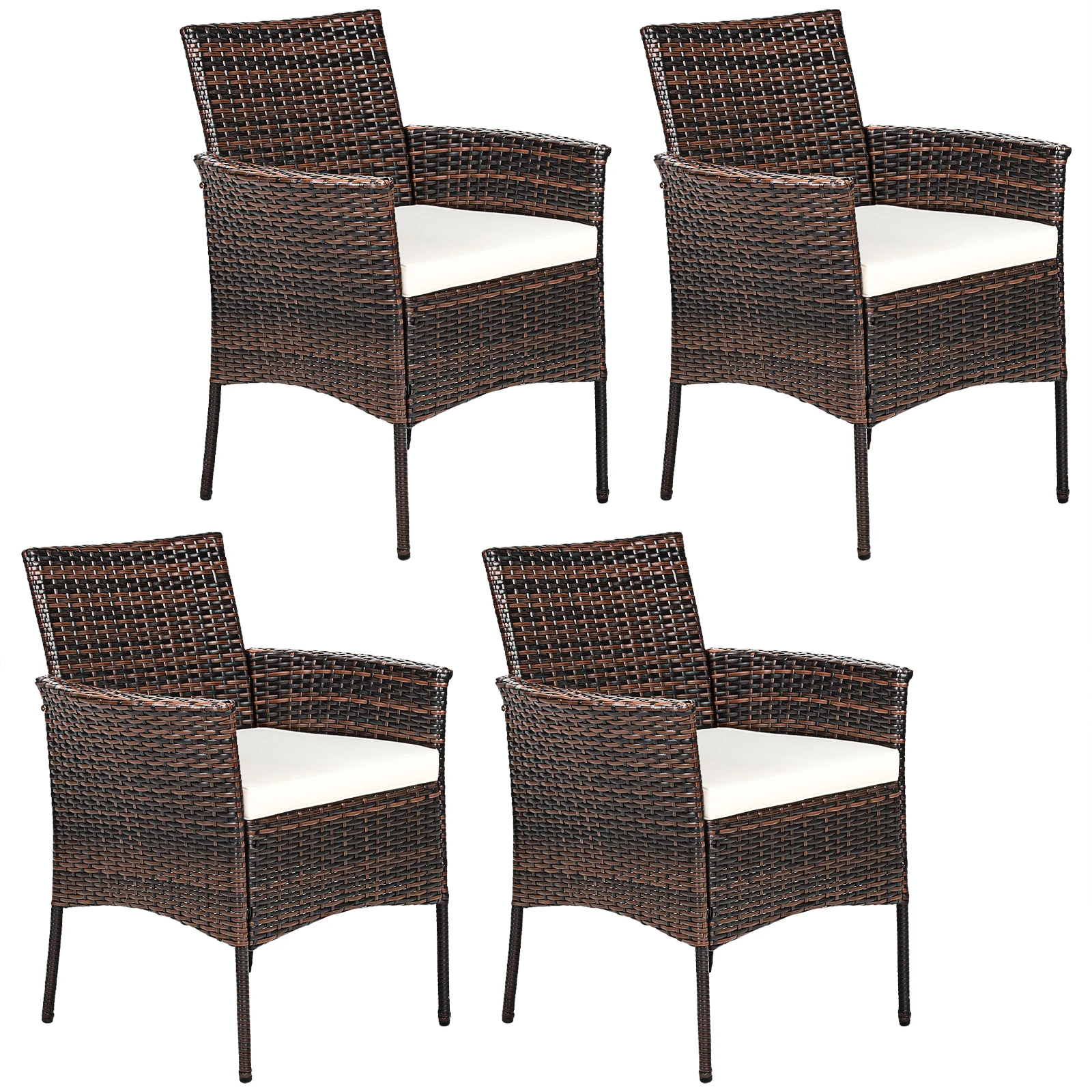 Set of 4 Patio Rattan Arm Dining Chair Cushioned Sofa Furniture Brown