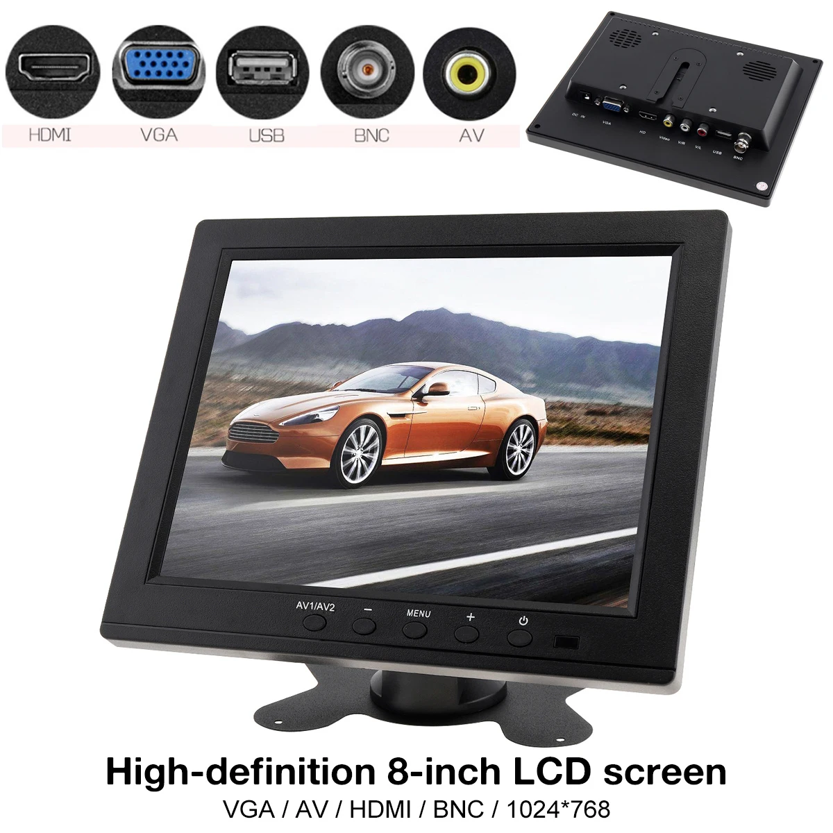 

8 Inch LED Monitor HD TFT-LCD Color Monitor Mini TV Computer 2 Channel Video Input with Speaker VGA HDMI for Car