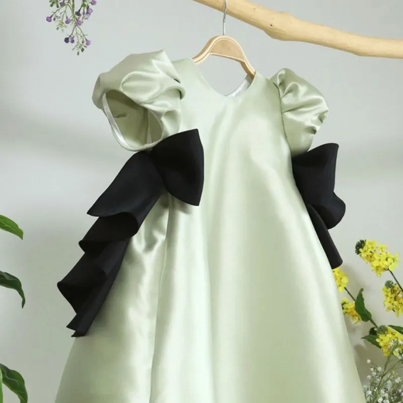 Baby Girl Princess Bow Dress Puff Sleeve Infant Toddler Child Teen Elegant Green Satin Vestido Party Birthday Baby Clothes 1-14Y