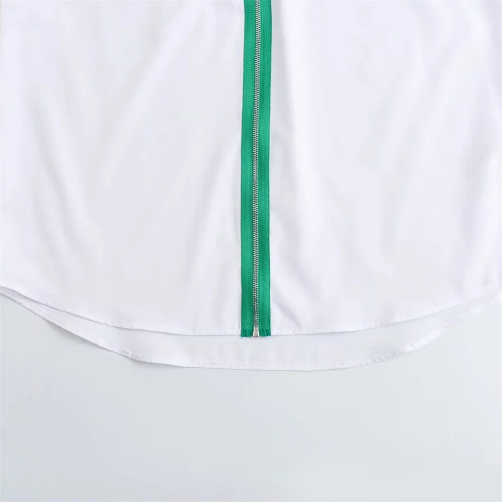 เสื้อเชิ้ตผู้หญิงแฟชั่นสไตล์ใหม่รับฤดูใบไม้ผลิ ทรงหลวม แขนยาว ตัดต่อสีตัดกัน พร้อมซิป