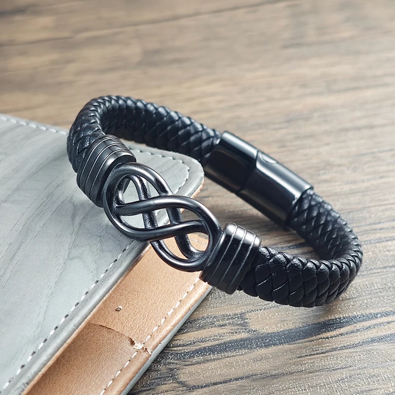 Vintage Punk Herren Schwarzes Geflochtenes Lederarmband Edelstahl Unendlichkeitsknoten Magnetverschluss Retro Schmuck Geschenk für Ihn – Detail 6