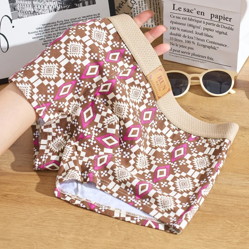 

Retro Geometric Print Mens U Convex Pouch Underwear Cotton Loose Boxer Shorts Breathable Trend Nordic Male Panties Трусы Мужские