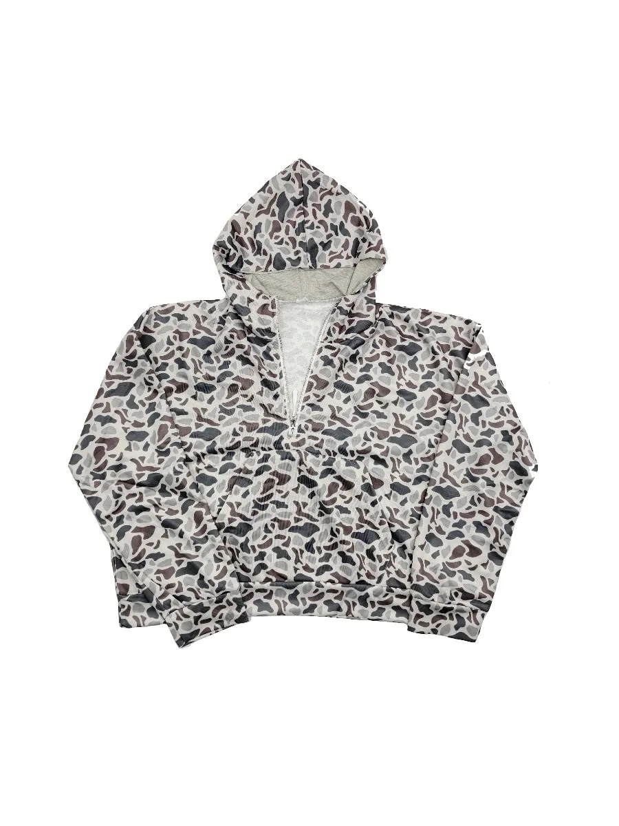Felpa con cappuccio mimetica ampia Y2k Pullover con zip a un quarto Felpa con mezza zip con maniche Tasche Felpe con cappuccio mimetiche