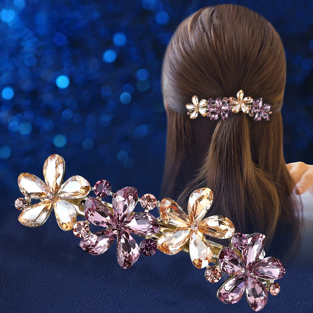 High Quality Fashion Trend Champagne Color Purple Blue Crystal Spring One Line Hair Clip Elegant Birthday Gift