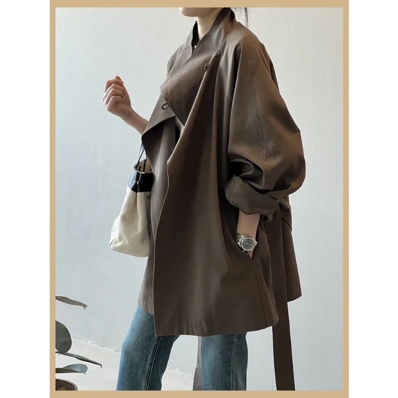 New Women's 2025 New Style Splicing Pocket Fashion Solid Color Versatile Casual Mid-length Waist Trench