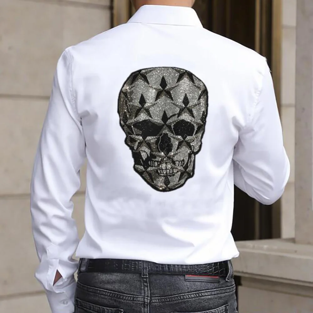 

Fashion Long Sleeve Rhinestones Summer Tops O-Neck Male Shirts Clothing Mens Casual Skull Hot Drill 029