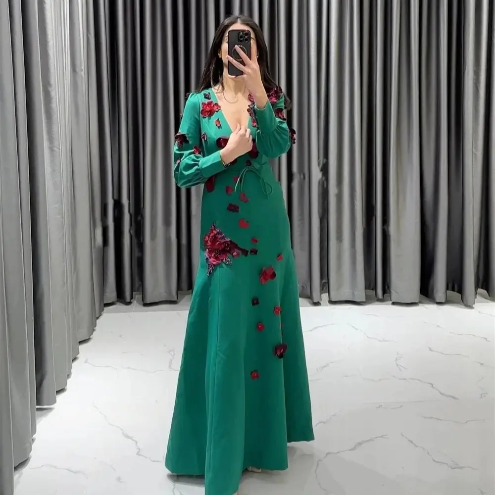 

Green Floral Long Sleeves Bespoke Occasion Gown Evening Dresses Pastrol Unisex Jersey Retro Dubai Saudi Arabic Prom Customized