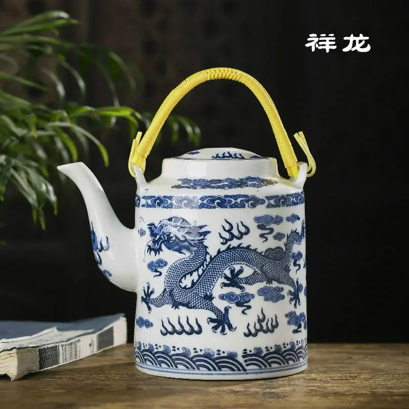 Jingdezhen Porcelain Ceramic Hoop Handle Teapot Tea Pot Dragon Pattern Kitchenware Gourmet Home Decor