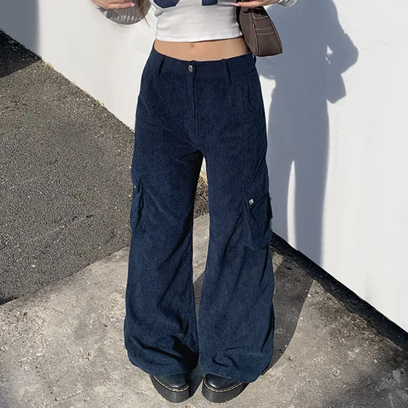 

American cargo style multi-pocket low-waisted corduroy pants Spice retro loose straight leg slim slacks