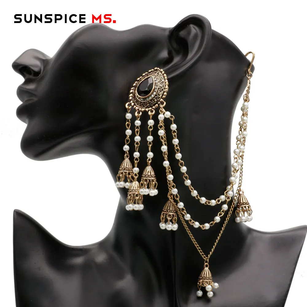 Sunspicems Indian Earring Link Headdress Jewelry One-piece Pearl Bead Chain With Metal Pendant Antique Gold Color Bohemia Bijoux